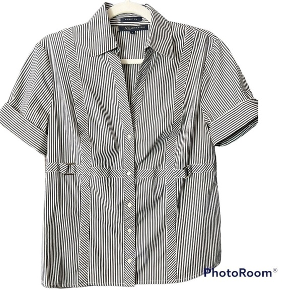 ANN Klein short sleeve navy & white striped buttondown pleated blouse size small - Picture 1 of 9